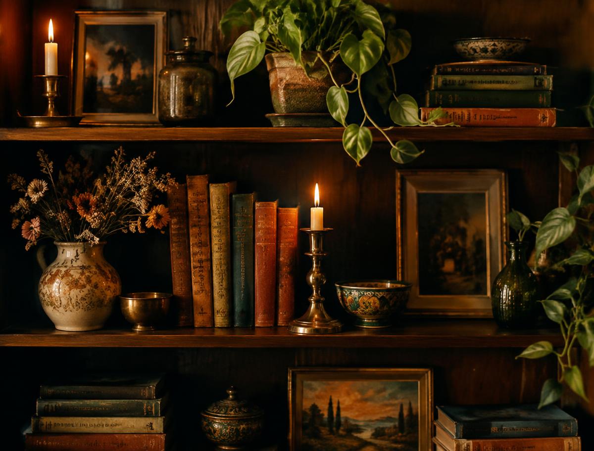 A maximalist shelf vignette with vintage books, brass candlesticks, dried flowers, and trailing plants