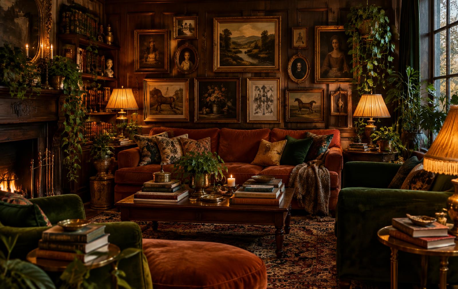A cozy, maximalist living room with warm wood, vintage art, terracotta velvet, and trailing plants